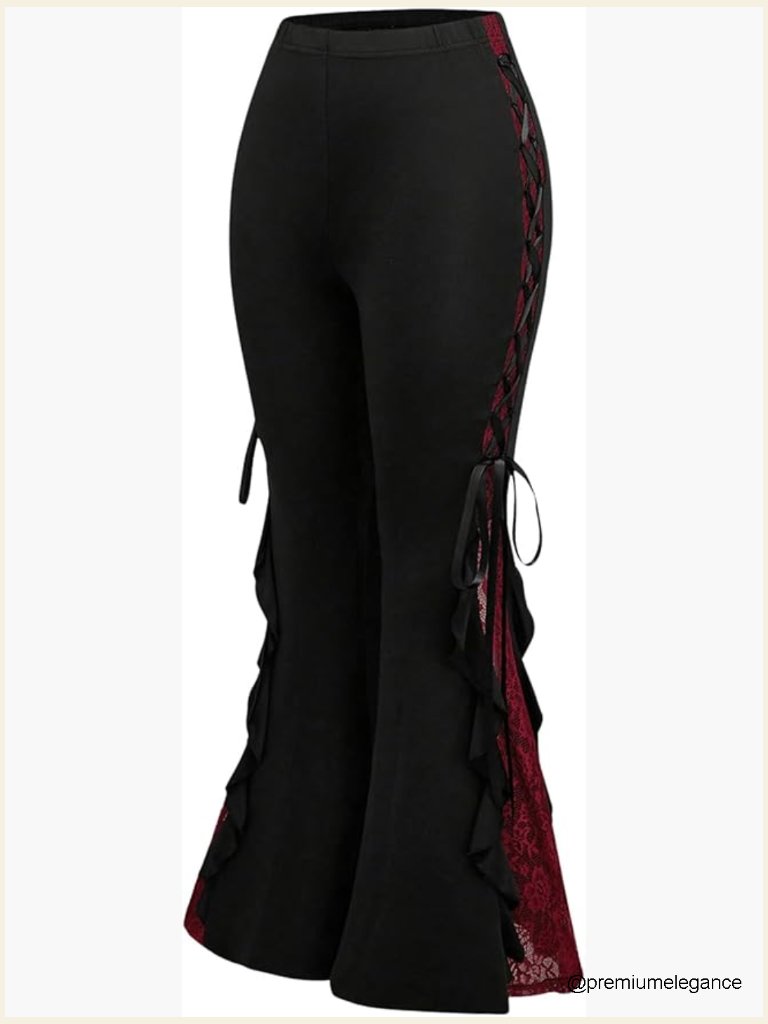 Y2k Goth Contrast Lace Bell Bottom Flare Ruffle Pants